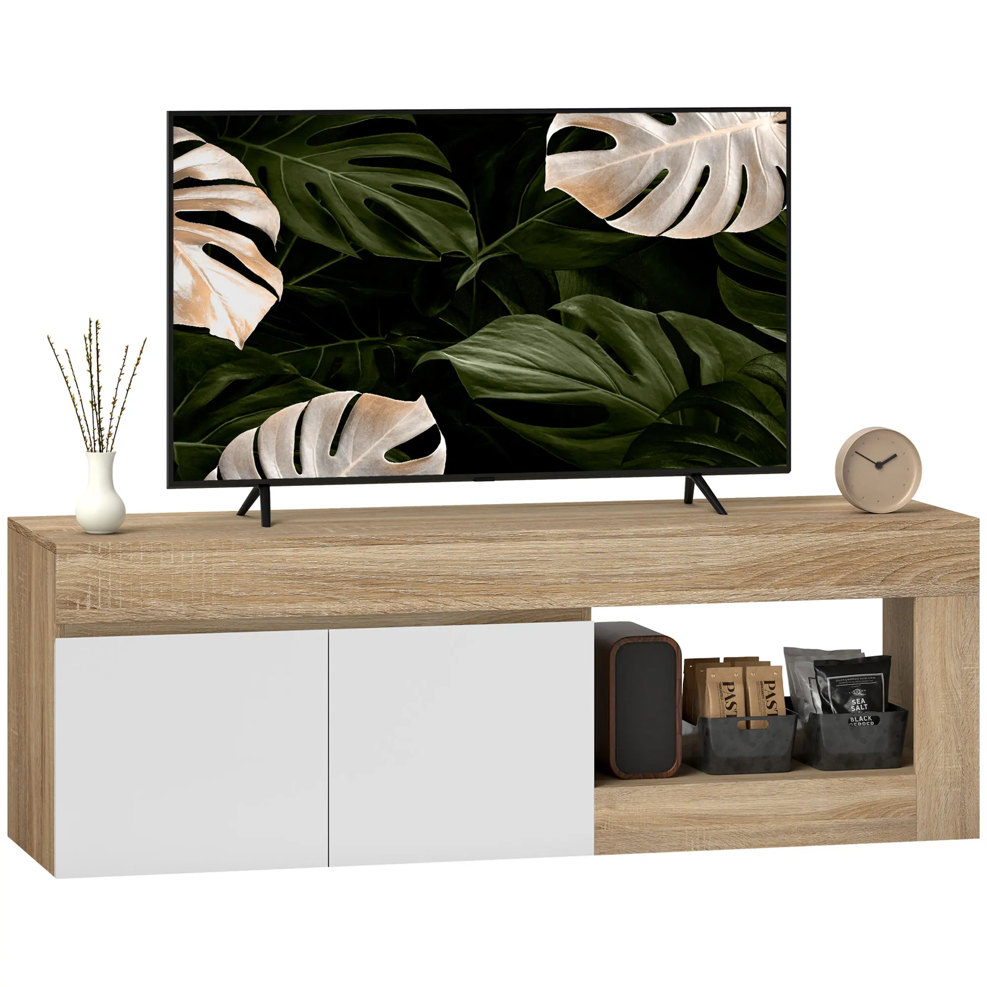 Homcom Mobile TV moderno per soggiorno con ripiano aperto a 2 ante per televisore 60 pollici 140X40X48 cm Bianco e naturale