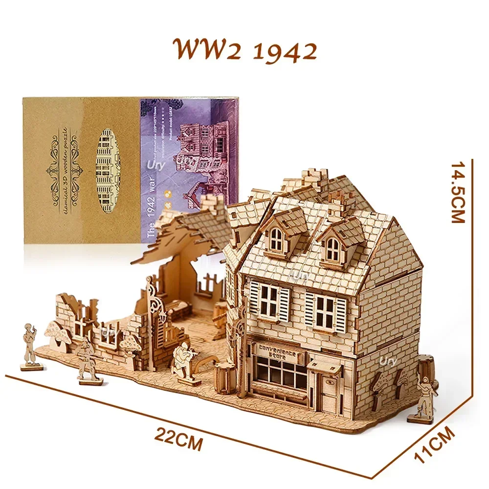 3D Holz Puzzle WW2 Krieg Stadt Nachkriegszeit Handgemachte Mechanische Montage Haus Modell DIY Kits Spielzeug Schreibtisch Dekoration Geschenke Für Kinder