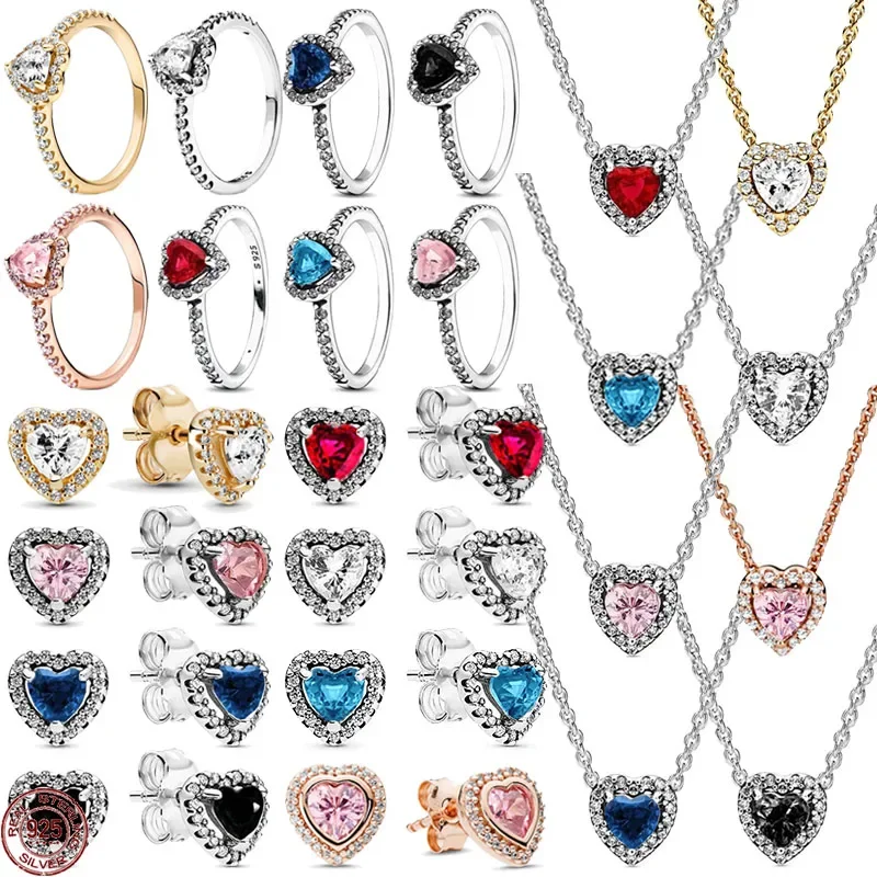 Hot Selling 925 Sterling Silver Classic Heart-shaped Various Colors Earring Ring Necklaces Exquisite Charm Jewelry Festival Gift