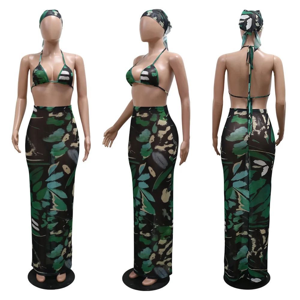 Modieus Bedrukt Mesh Bikini 2-delige Set 2024 Zomer Sexy Bh Crop Tops Gewikkeld Heup Lange Rok Badpak Badmode Outfit