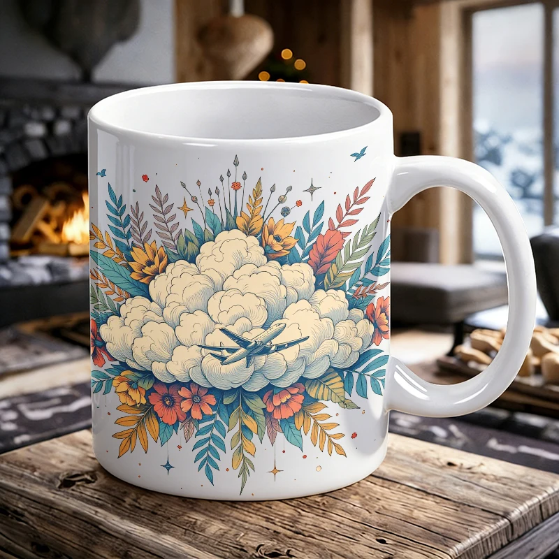 

Dreamy Cloud Flower Airplane Ceramic Mug, Coffee Cup, Milk Cup, Office Tea Cup, Drinking Cup, Gift for Friends, Fade-Resistant