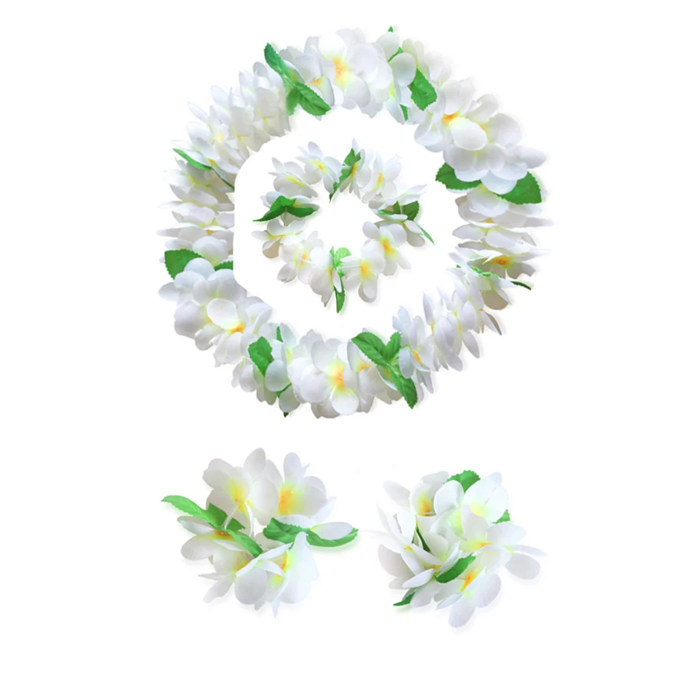 

4 pcs Flower Crown Set Thickened Artificial Hawaiian Garland For Luau Party Beach Wedding Kids Adults Jewelry White Green