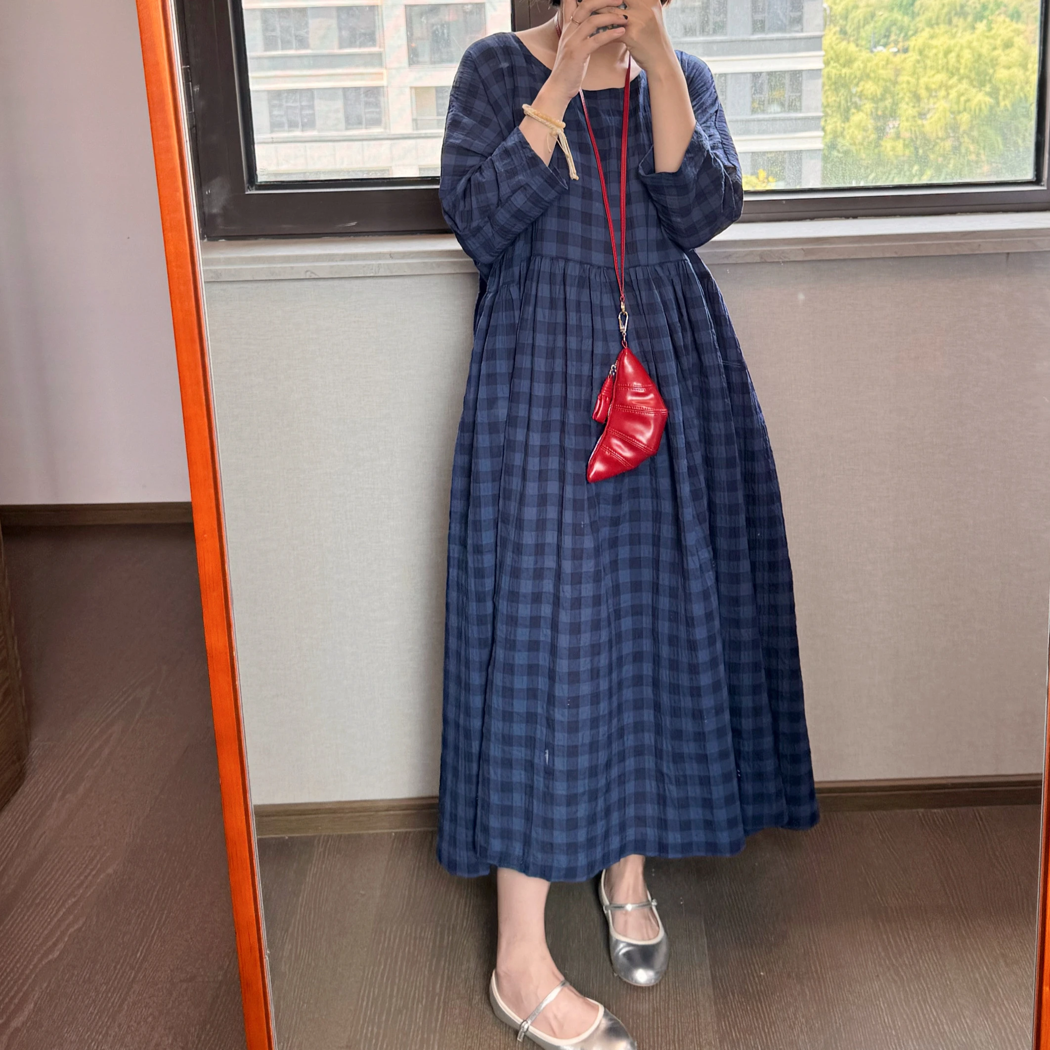 

Loose Potato Cotton Plaid Doll Dr High Waist A-Line Skirt Long Sve round Ne Casual Commute Sle Women's Dr