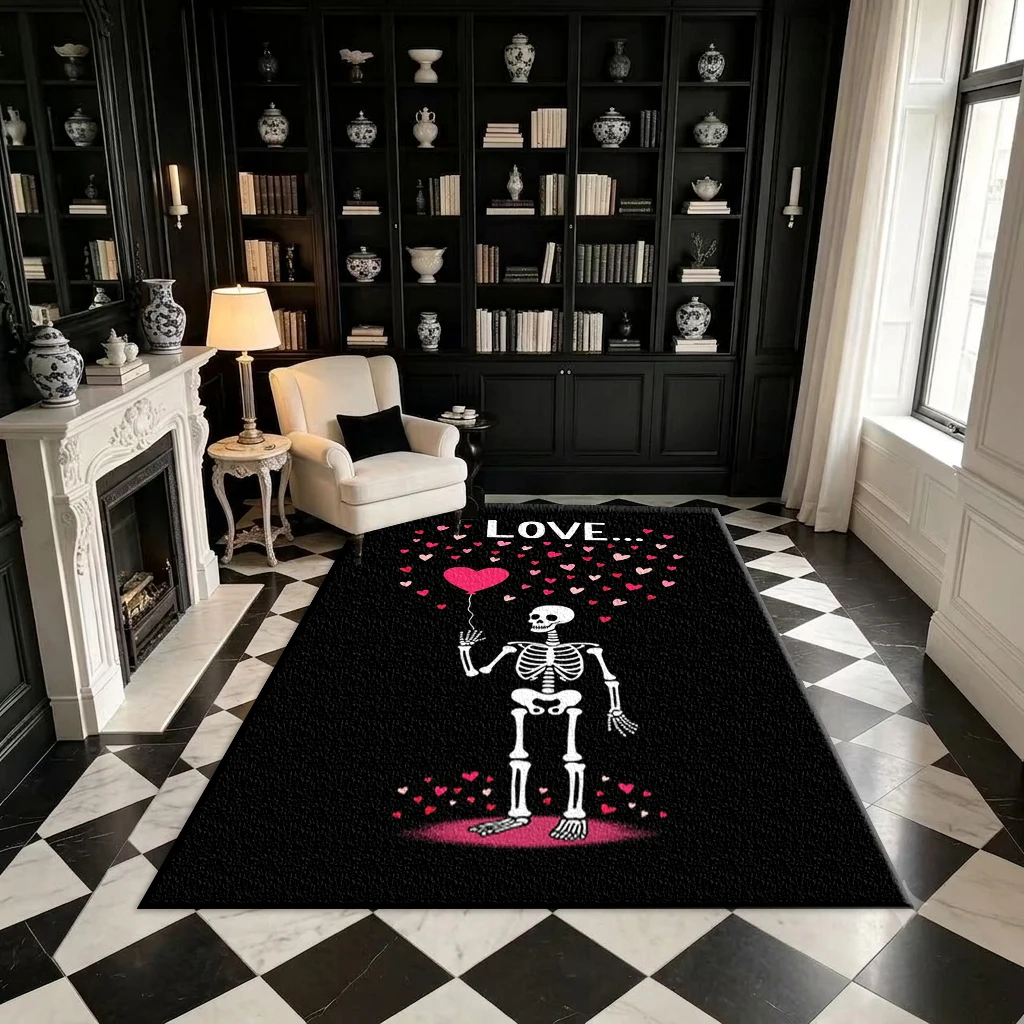 Gothic Skull Love Heart Rug Romantic Dark Art Skull Pattern Printed Square Carpet Suitable for Home Art Decoration