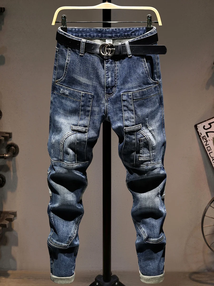 

Мужские джинсы в стиле ретро, повседневные, длинные, из плотного хлопка с эластаном, модные, с пэчворком, со средней посадкой, на молнии