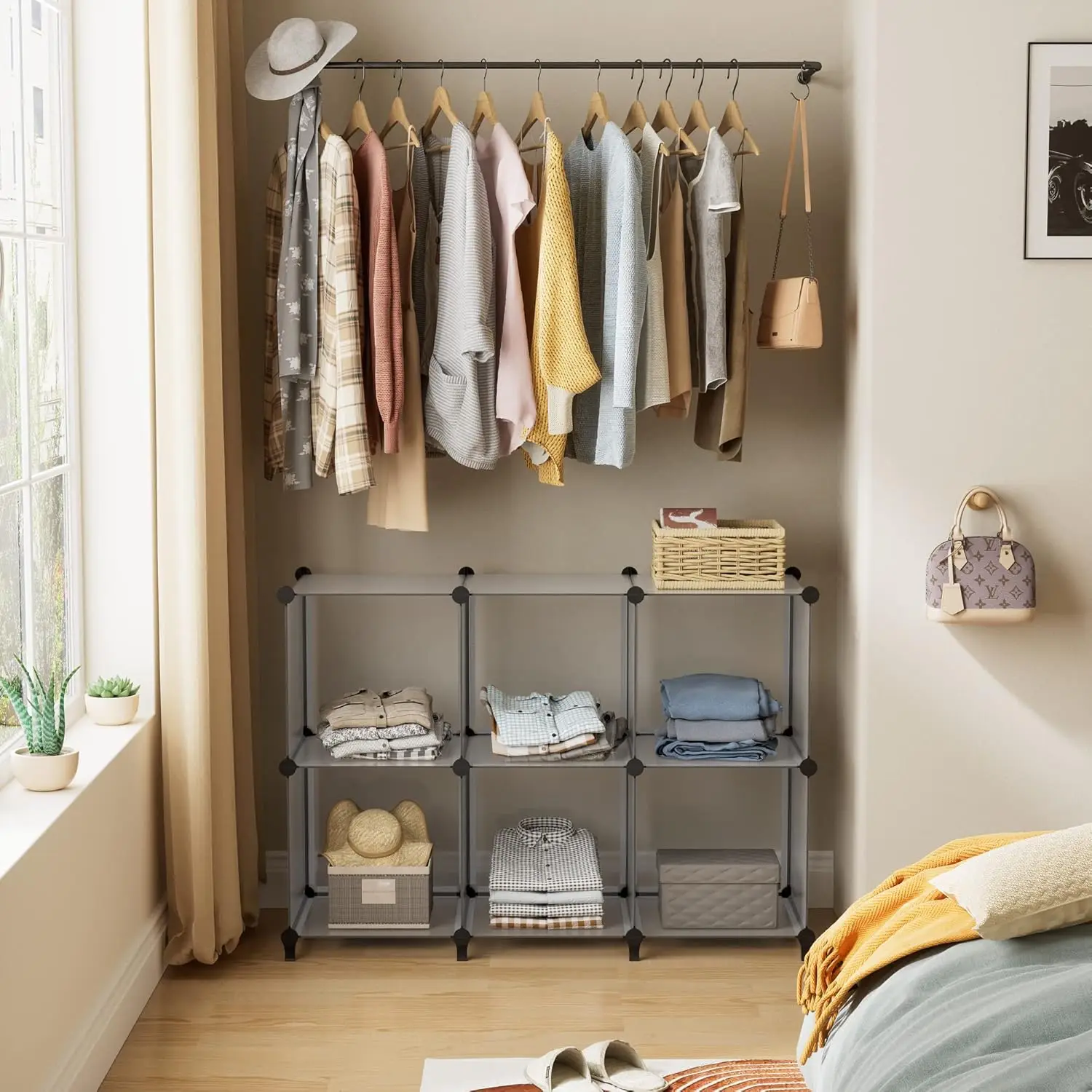 6 Light Grey Cube Storage Organizer, Modular Storage Shelf with Hammer, Cube Storage Bin Cabinet Closet Bookshelf for Li