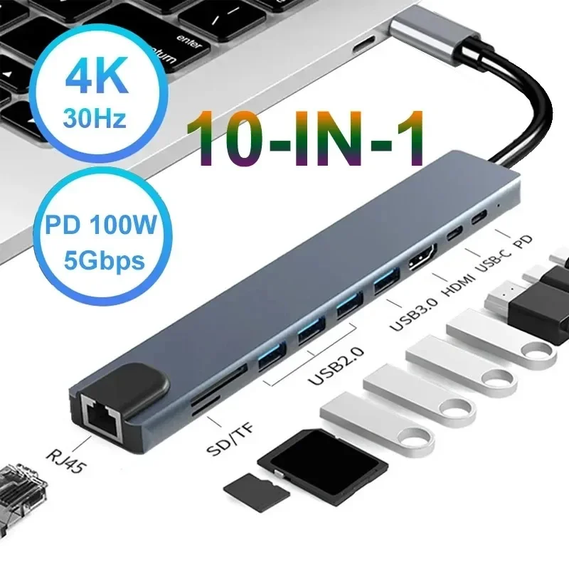 

10 in 1 USB C HUB 4K 30Hz Docking Station Type C to HDMI-compatible-Compatible RJ45 Ethernet PD100W for MacBook Huawei Sumsang