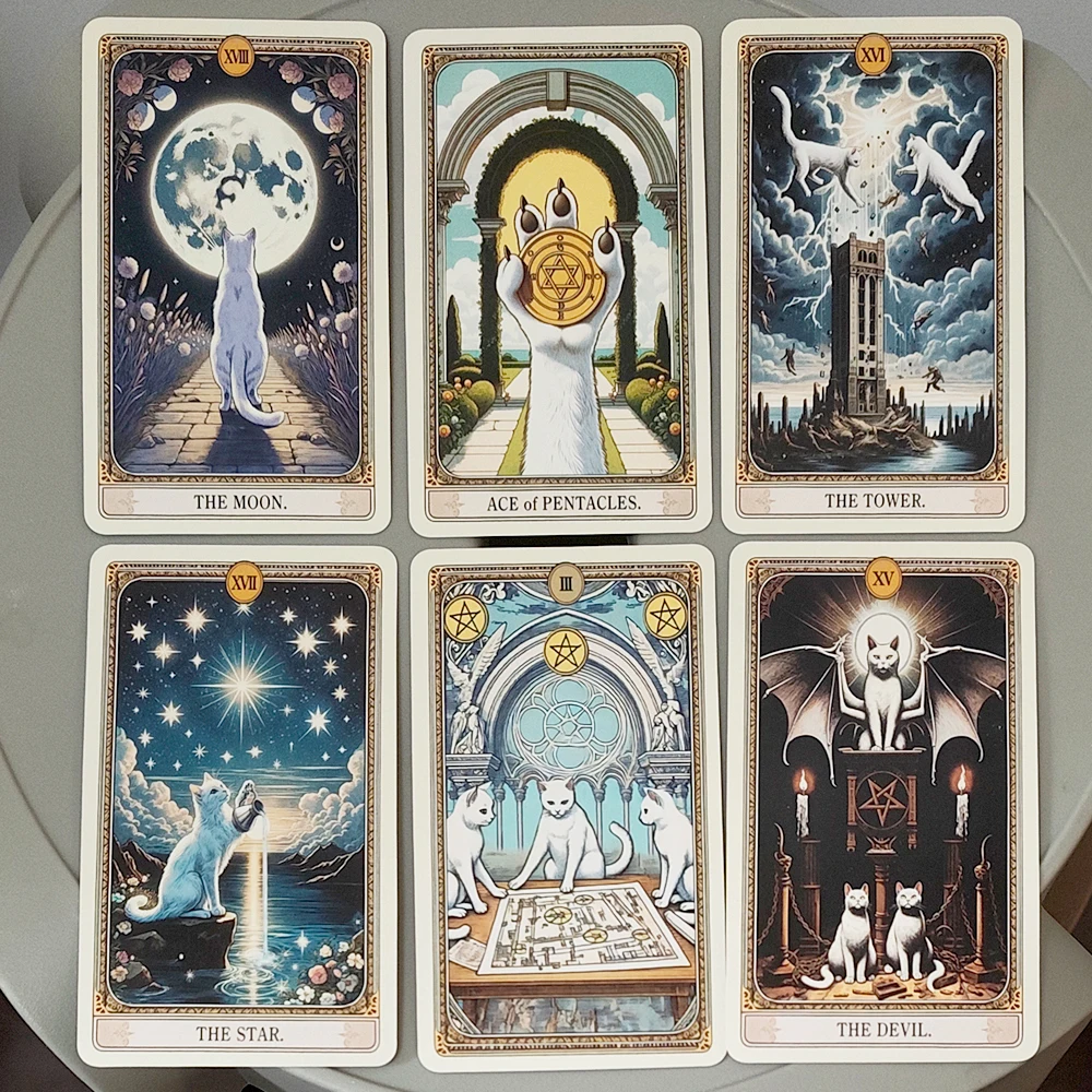Cat Tarot Deck 11*6.2cm 78 Cards with Guidebook, Cute White Cat Theme Tarot Cards Fortune Telling Cards in Portable Tin Box view 4