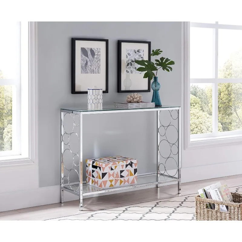 

Finish Glass 2-Tier Contemporary Console Sofa Table with Lower Shelf and Circle Designs