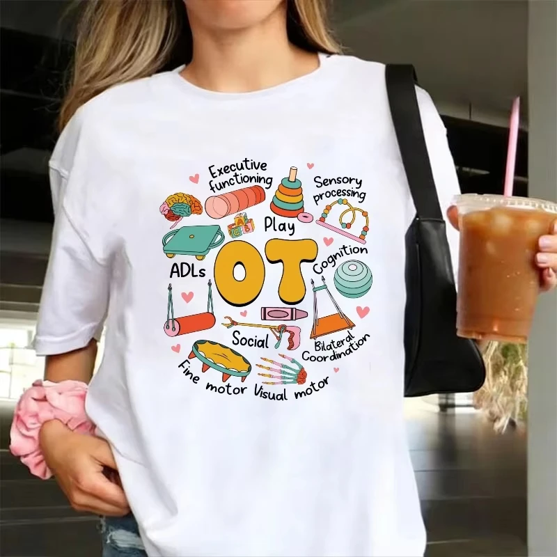 Occupational Therapy Women T Shirt OT Word Cloud Sensory Processing Fine Motor Tools Graphic Cotton Cute Therapist Casual Tees