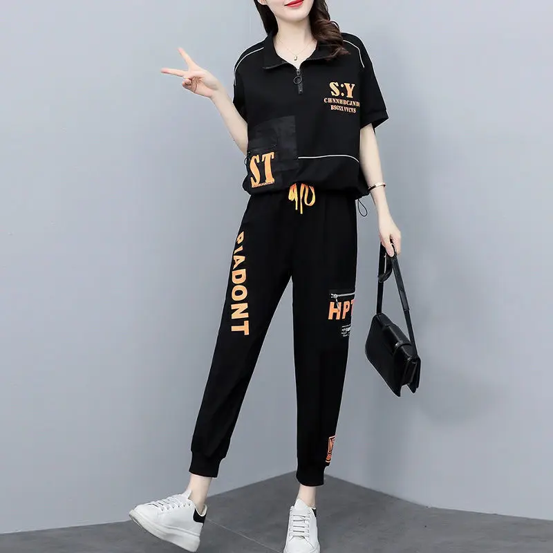 Summer New Sports Casual Women\'s Set Korean Edition Loose Spliced Short Sleeve Polo T-shirt+Long Pants Two Piece Set for Women