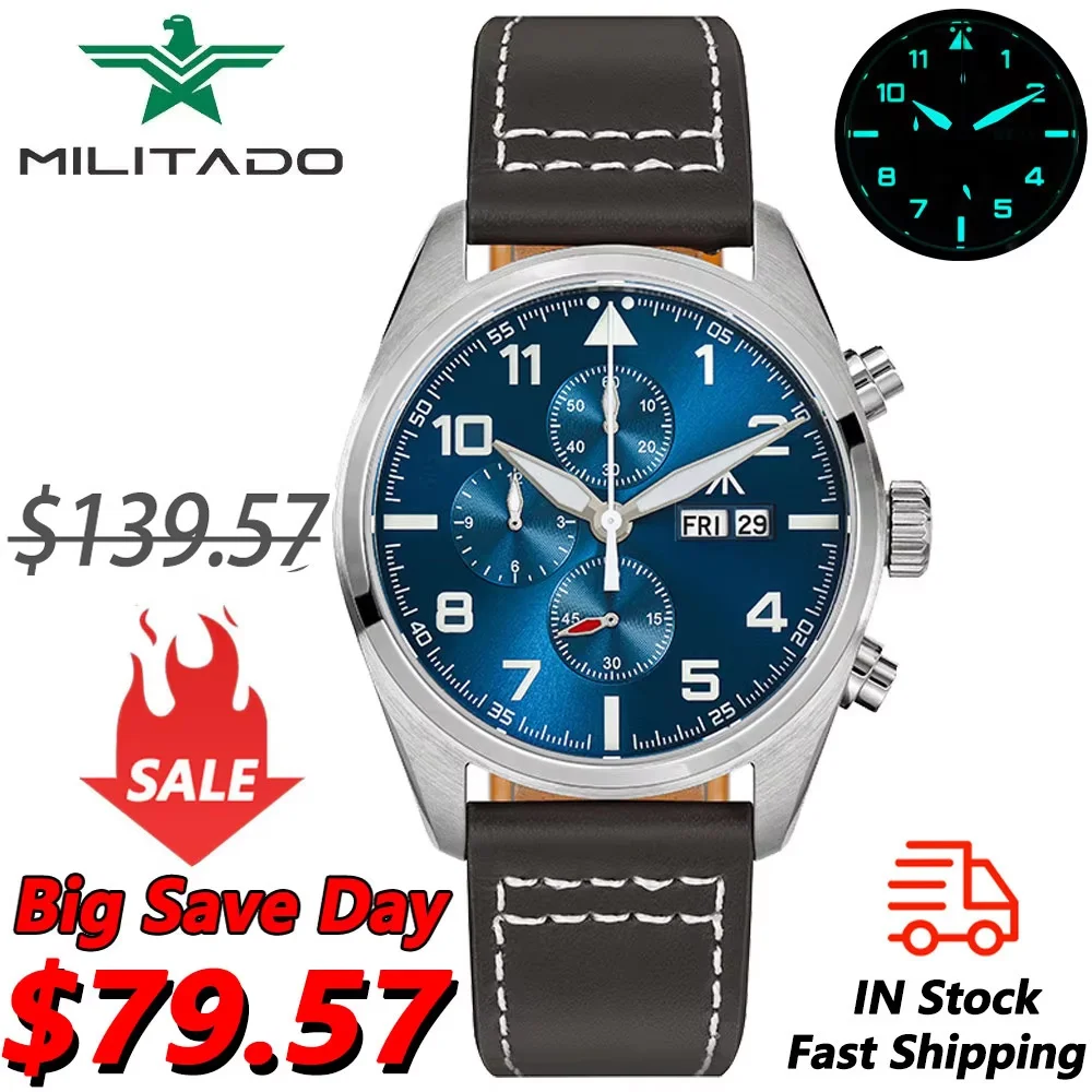 

Militado ML04 Chronograp Кварцевые часы OS00 Механизм BGW9 Светящиеся водонепроницаемые наручные часы 100 м с куполообразным сапфировым стеклом Часы 39 мм