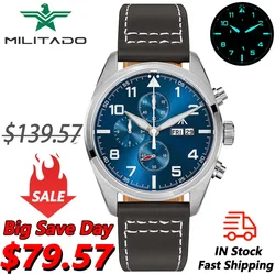 Militado ML04 Chronograp Quartz Watch OS00 Movement BGW9 Luminous 100m Waterproof Wristwatch Domed Sapphire Crystal 39mm Watches