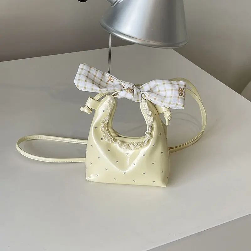 White Pink Yellow Sliver Cute Mini Cream Lace Heart Print Bow PU Leather Handbag Women Shoulder Crossbody Bag for girls women