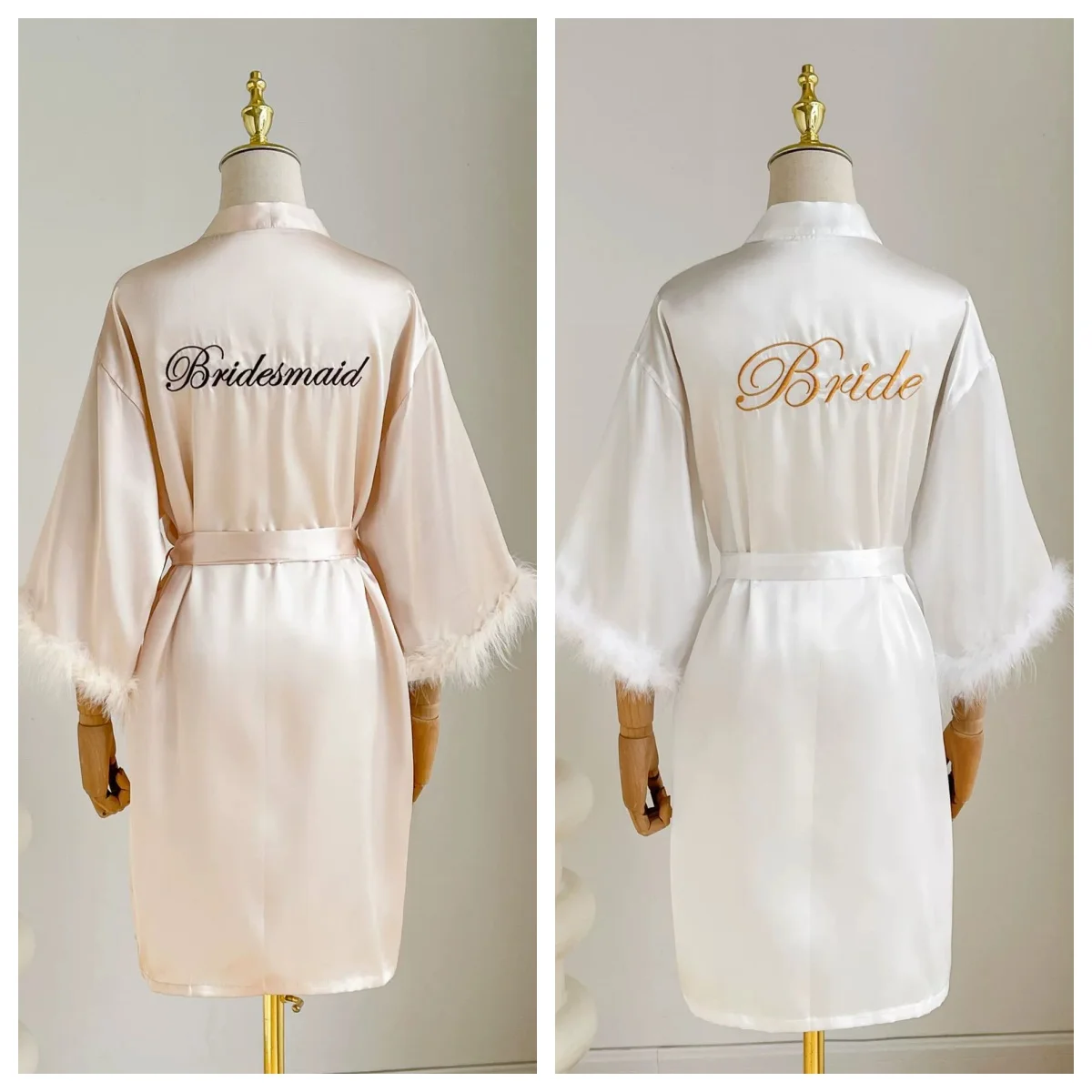 

White Bride Wedding Robe With Feathers Women Satin Sexy Bridesmaid Kimono Gowns Short Bathrobe Bridal Intimate Lingerie