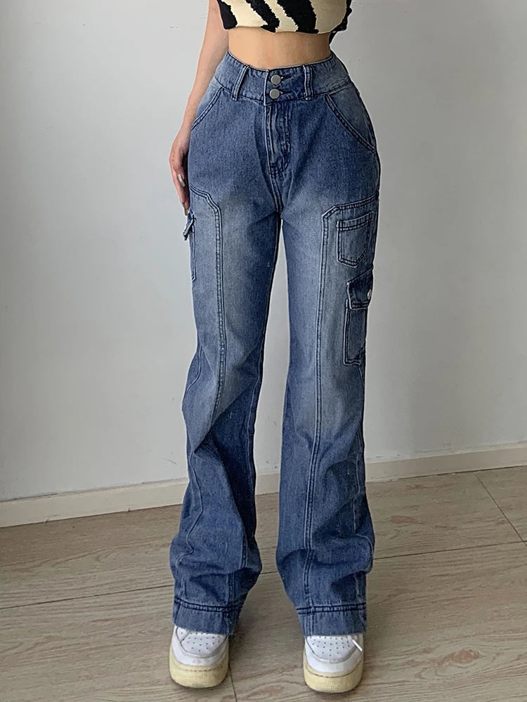 Weekeep Y2k Jeans Streetwear Women High Waist Jeans Wide Leg Pockets Patchwork Baggy Cargo Pants Vintage Denim Capris Fairycore