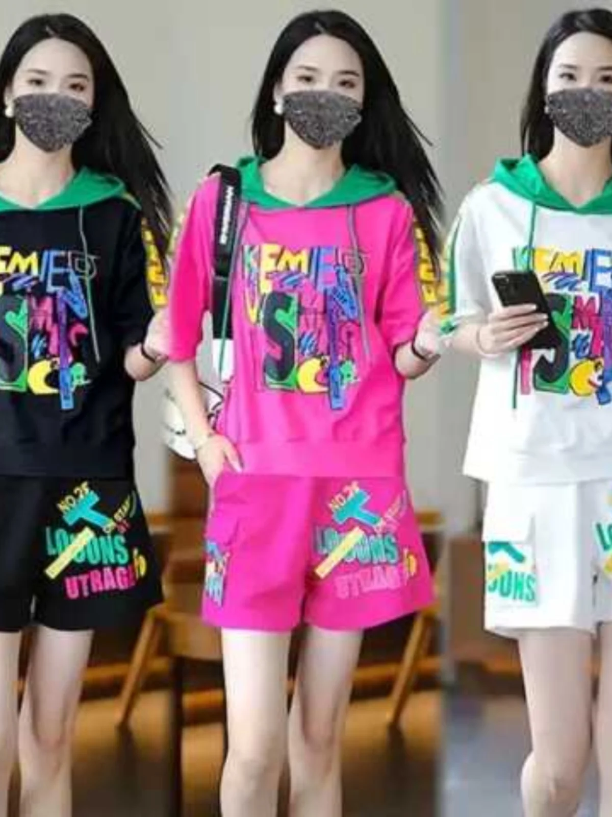 

Новый летний свободный повседневный спортивный комплект для женщин больших размеров с капюшоном и принтом для похудения ort Sve Тонкий комплект из двух предметов с высокой талией...