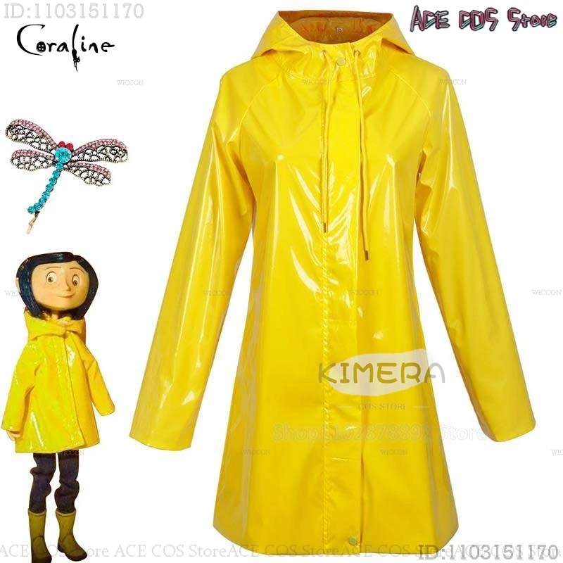 Horror Movies Coraline Cosplay The Key Props Costume Wig Yellow Coat Secret Door Button Glasses Halloween Scary Roleplay