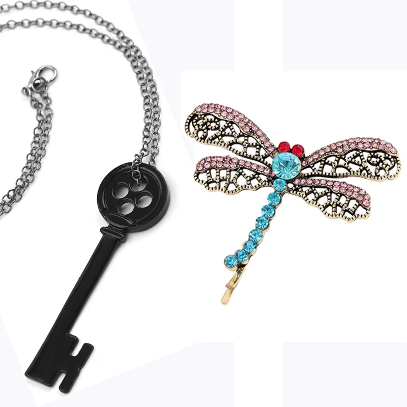 Coraline Dragonfly Hair Clip Key Necklace Coraline Cosplay Costume Halloween Accessories