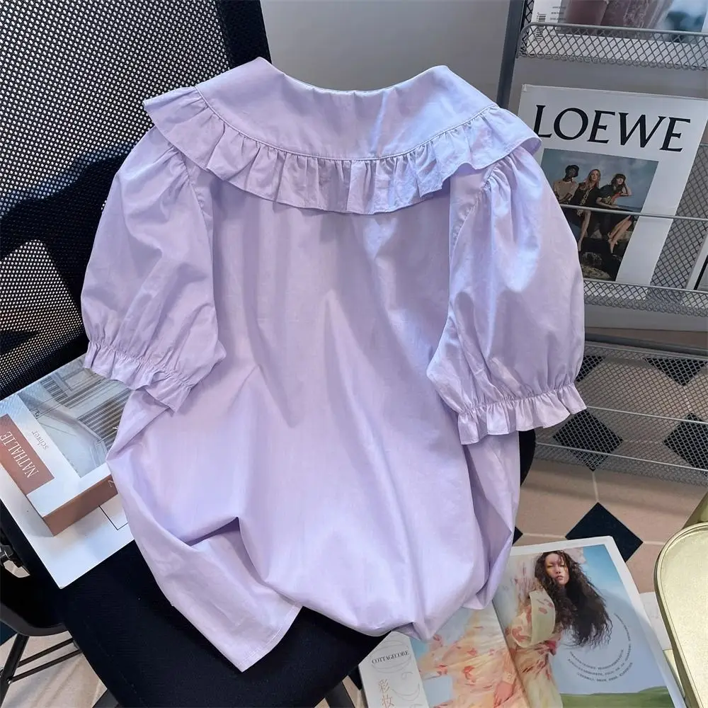 Summer Oversized Sweet Patchwork Ruffles Loose Peter Pan Collar Short Sleeve Blouse Female Korean Buttons Shirts Women Clothing