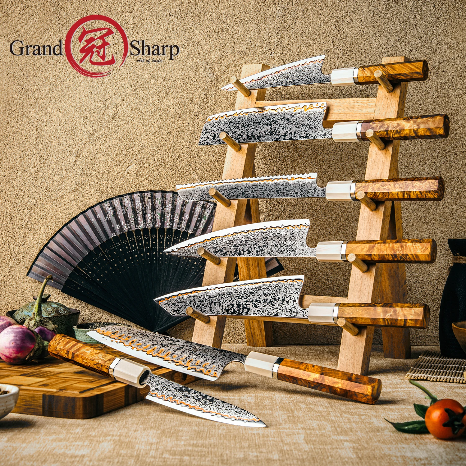 Grandsharp 1-7Pcs Knife Set 55 Layers Copper Damascus Steel Hardness 60+ Solidified Wood Octagonal Handle Kitchen Knives with Bo