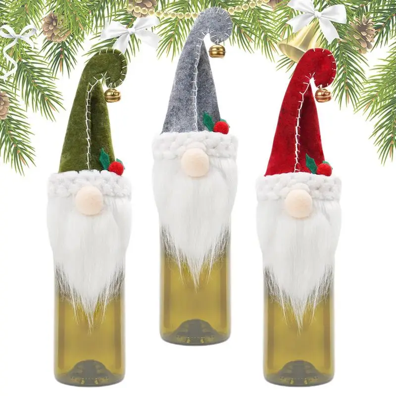 Christmas Gnome Wine Bottle Covers 3pcs Soft Christmas Gnome Wine Costume Holiday Wine Bottle Covers Swedish Tomte Gnomes