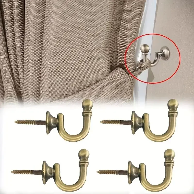 4Pcs Antique Bronze Color Metal Curtain Hook Decorative Wall Mounted Curtain Rope Hooks Curtain Hanging Accessories Home Decor
