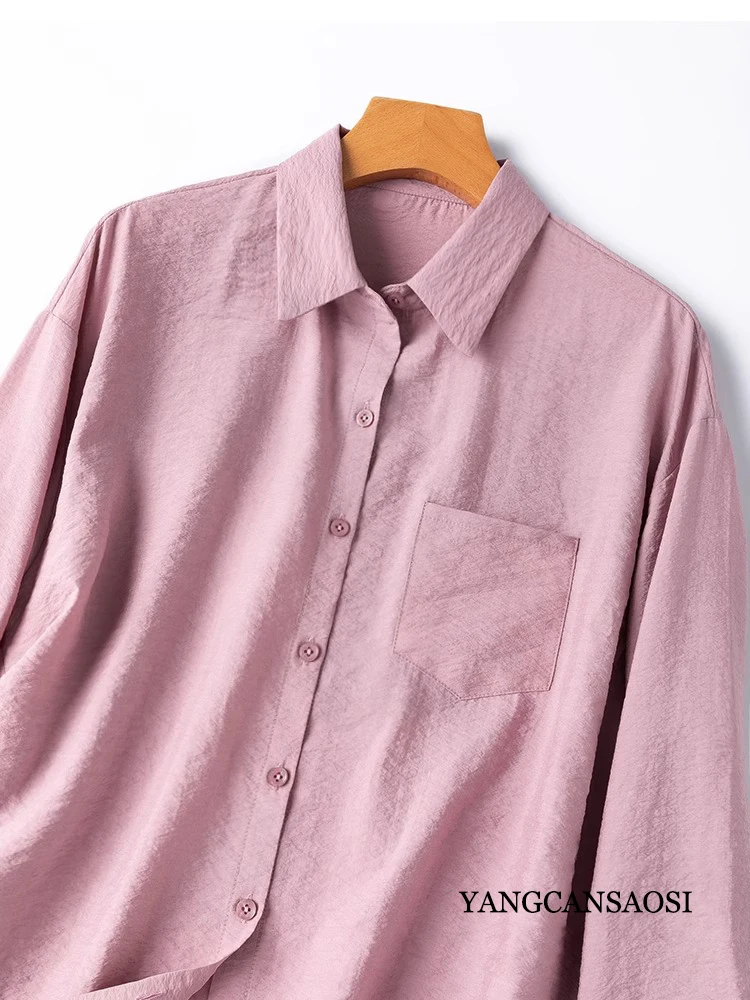 76% Natural Mulberry Silk Dry Silk French Pocket Design Turn-down Collar Loose Office Women's Commuting Long Sleeved Shirt