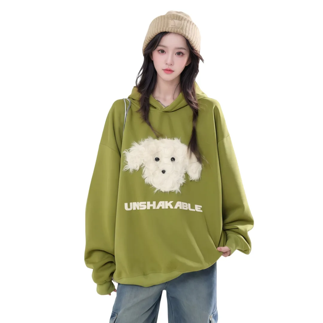 Autumn Women's Loose Casual Hoodie Puppy Pattern Oversize Long Sleeve BF Style Versatile Sweatshirt Jacket