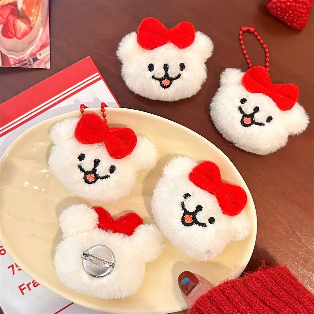 Lindo llavero de muñeco de peluche, broche creativo de dibujos animados con lazo rojo para cachorro, Animal relleno, mochila colgante de alto nivel de apariencia para niñas