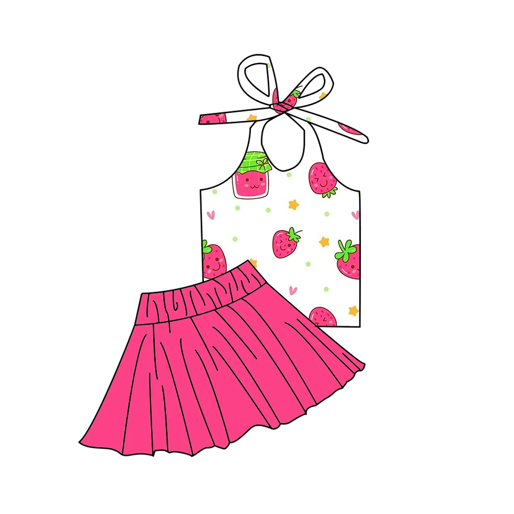 Halter neck top with tie-up design paired solid color mini skirt Strawberry jam dessert print custom wholesale