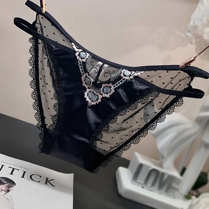 Sexy Lace Underwear Female Strap Hollow Out Embroidery Panties Summer Low Waist Briefs Transparent Satin Mesh Triangle Pants