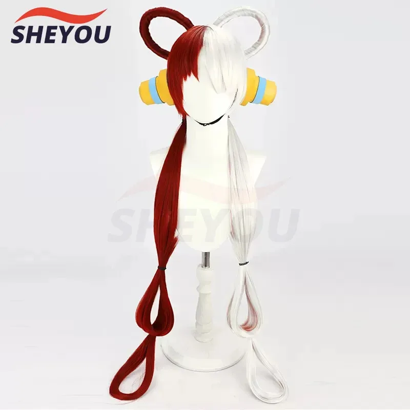 UTA 코스프레 가발 애니메이션 레드 UTA 100cm 긴 하프 레드 하프 화이트 내열성 합성 머리 가발 + 가발 모자