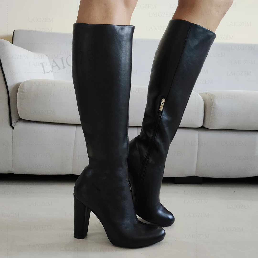 LAIGZEM Women Knee High Boots Faux Leather Side Zip Round Toe Thick High Heels Round Toe Ladies Shoes Woman Big Size 43 47 52