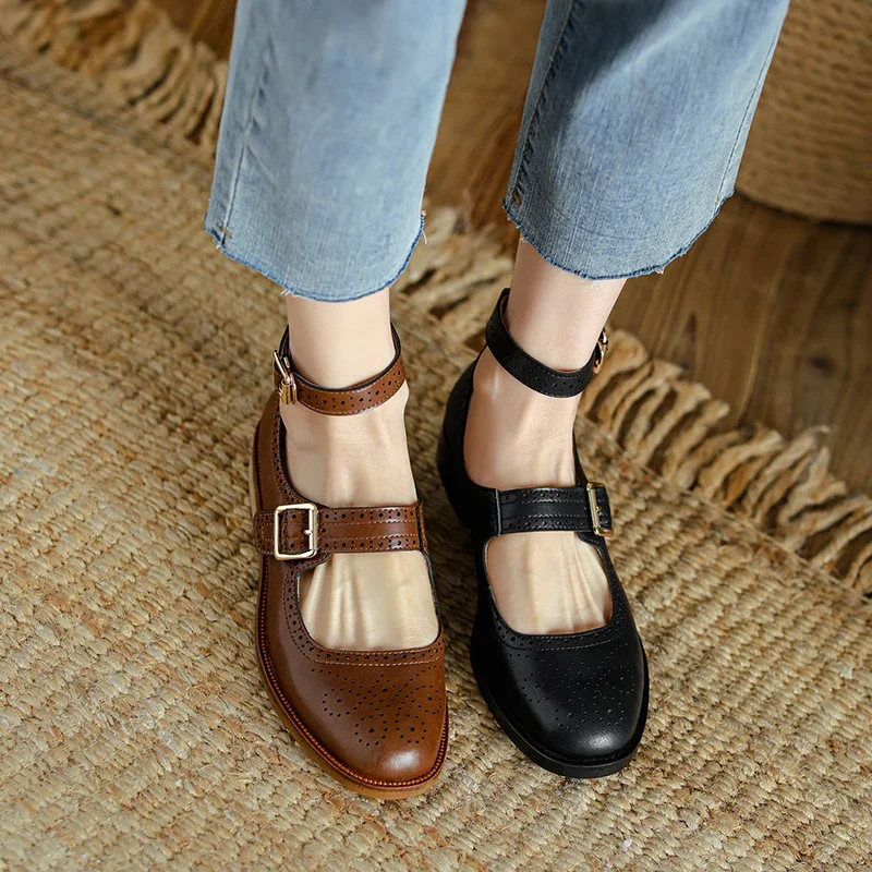 2024 new spring Women pumps natural leather 22-25cm cowhide+pigskin+sheepskin full leather Retro buckle brogues women shoes