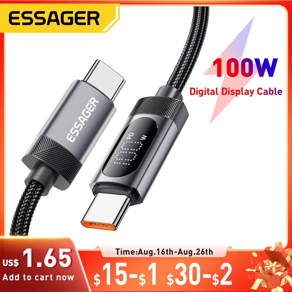 Essager 100w tipo c para tipo c cabo para iphone 16 15 samsung huawei 5a pd carregamento rápido para macbook ipad cabo de exibição digital