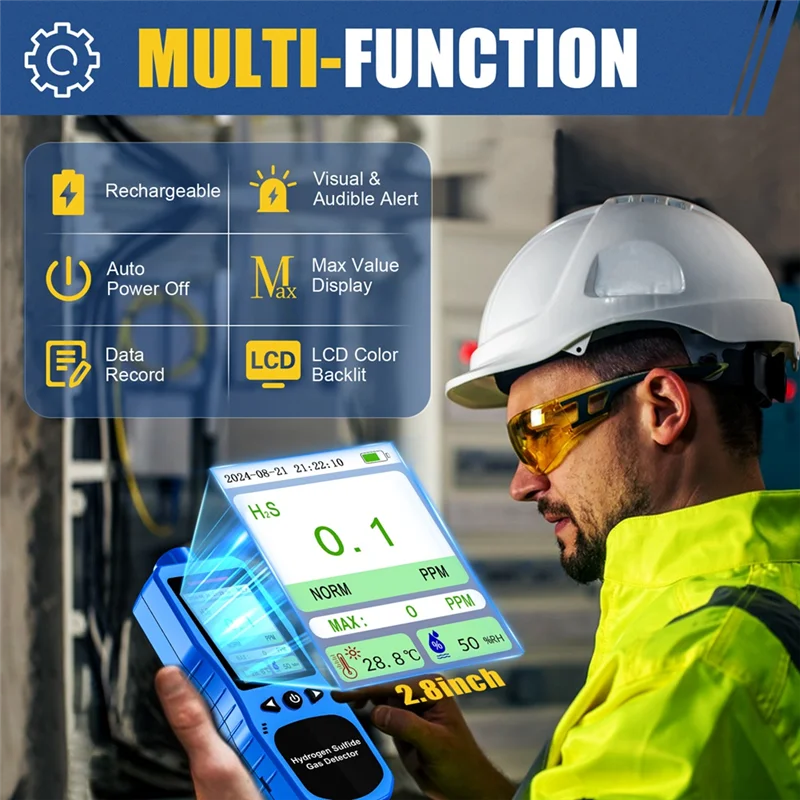 

M11K-H2S Air Quality Meter With Temp& Humidity, Hydrogen Sulfide Gas Detector 0-100 PPM And 3 Alarm Modes, US Plug