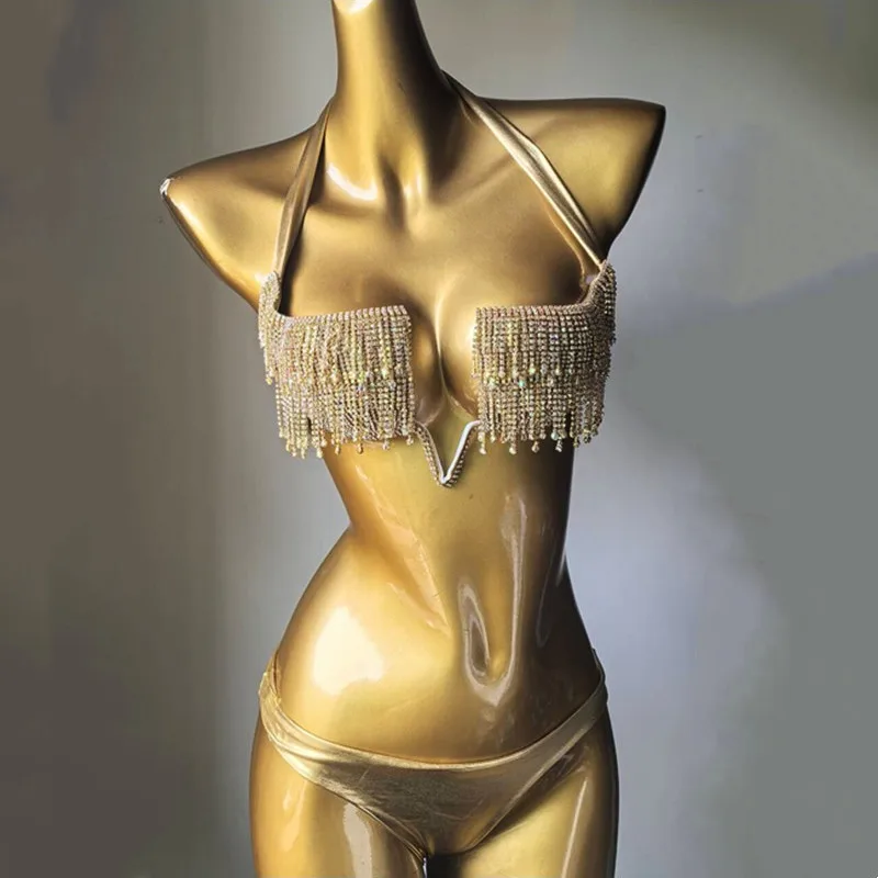 

Роскошный комплект бикини с бриллиантовыми цепочками, женский сексуальный купальник для пляжного отдыха, золотой, серебряный бюстгальтер со стразами и бахромой, наряд бикини, купальник
