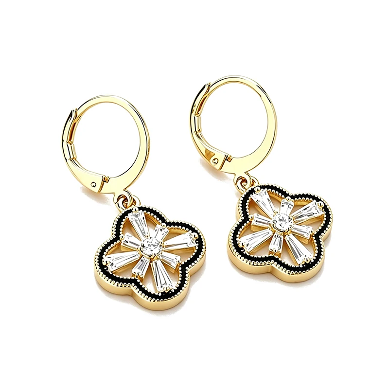 S925 silver four-leaf clover ear buckles, golden diamond-encrusted flower earrings, retro and light luxury style earrings