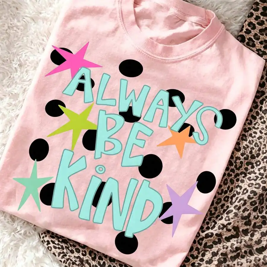 Women's Crew Neck Short Sleeve Summer Beach Vacation Casual T‑Shirt Cute Always Be Kind Preppy Retro Star Polka Dot Kindness Slogan Graphic Print Tee Top