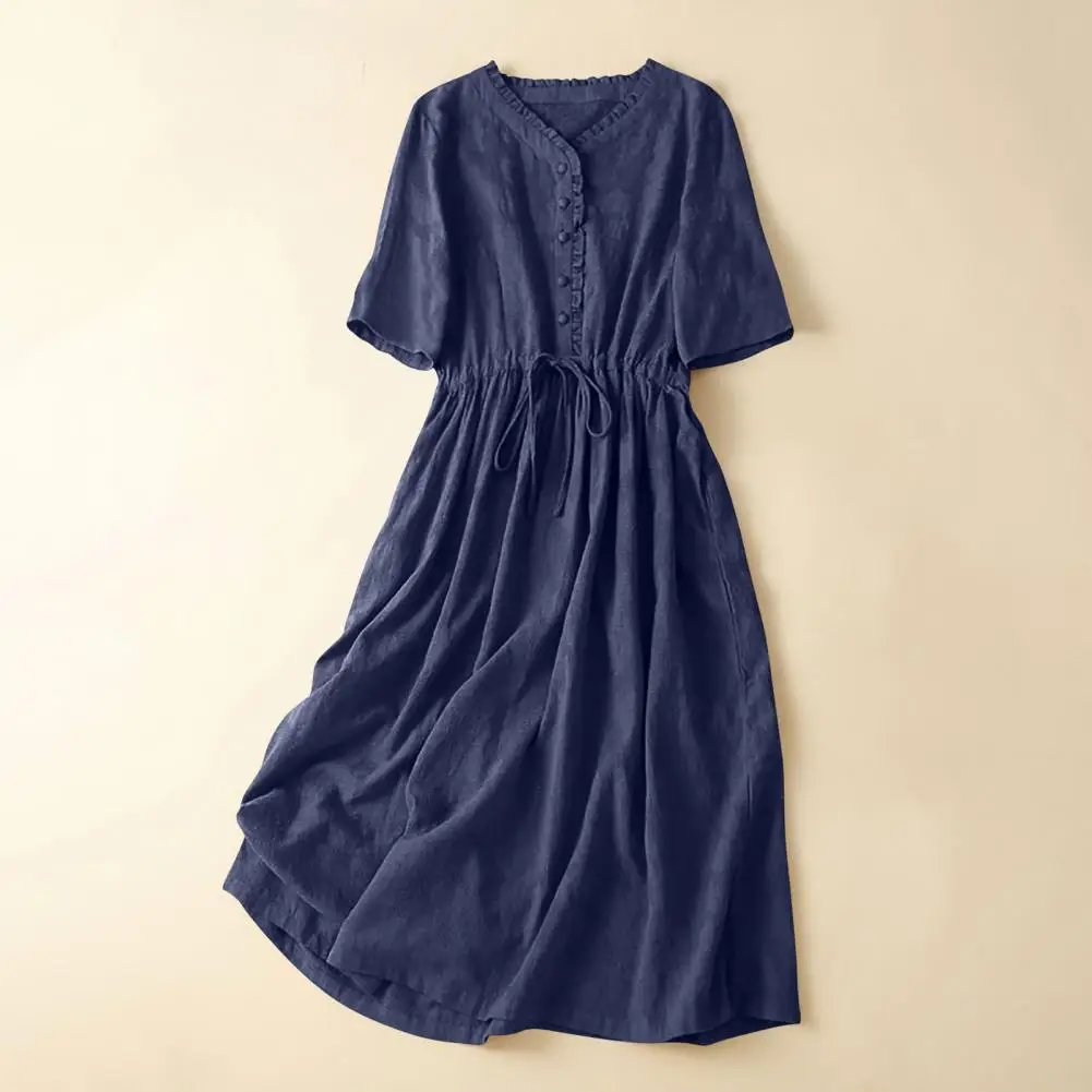 Women's Button Front Dress Spring Summer Five Quarter Sleeve Artistic Dress High Waisted V-neck Slimming Lace Up Commuting Dress