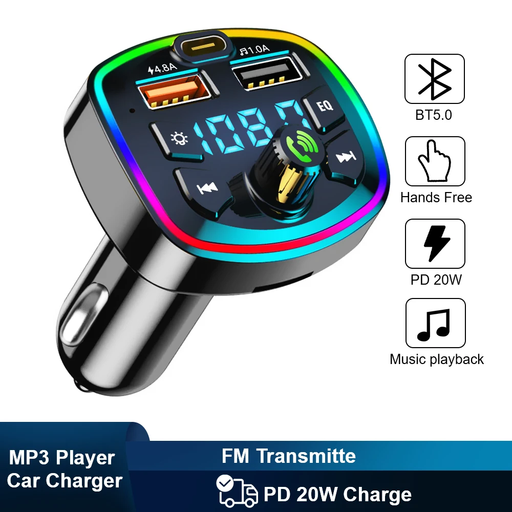 Q7 4.8A Dual USB Port PD Charging Bluetooth Hands Free Car FM Transmitter Bluetooth Car Charger Quick Charger 20W Mp3 True