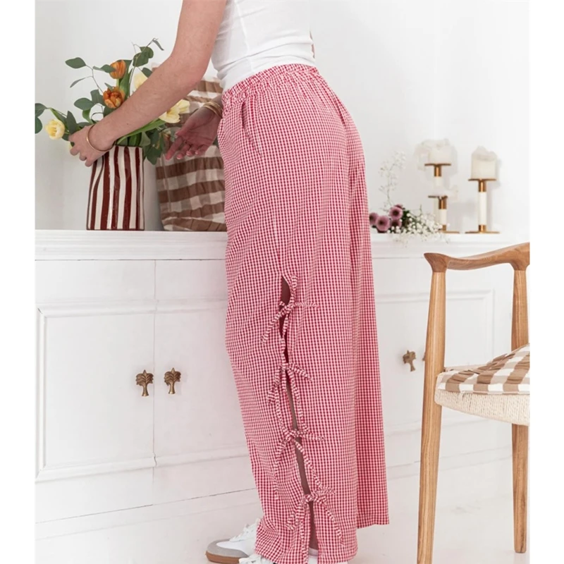 Pantalones de pierna ancha a cuadros para mujer, pantalón holgado informal con agujeros y lazo lateral, ropa de calle Vintage Y2K