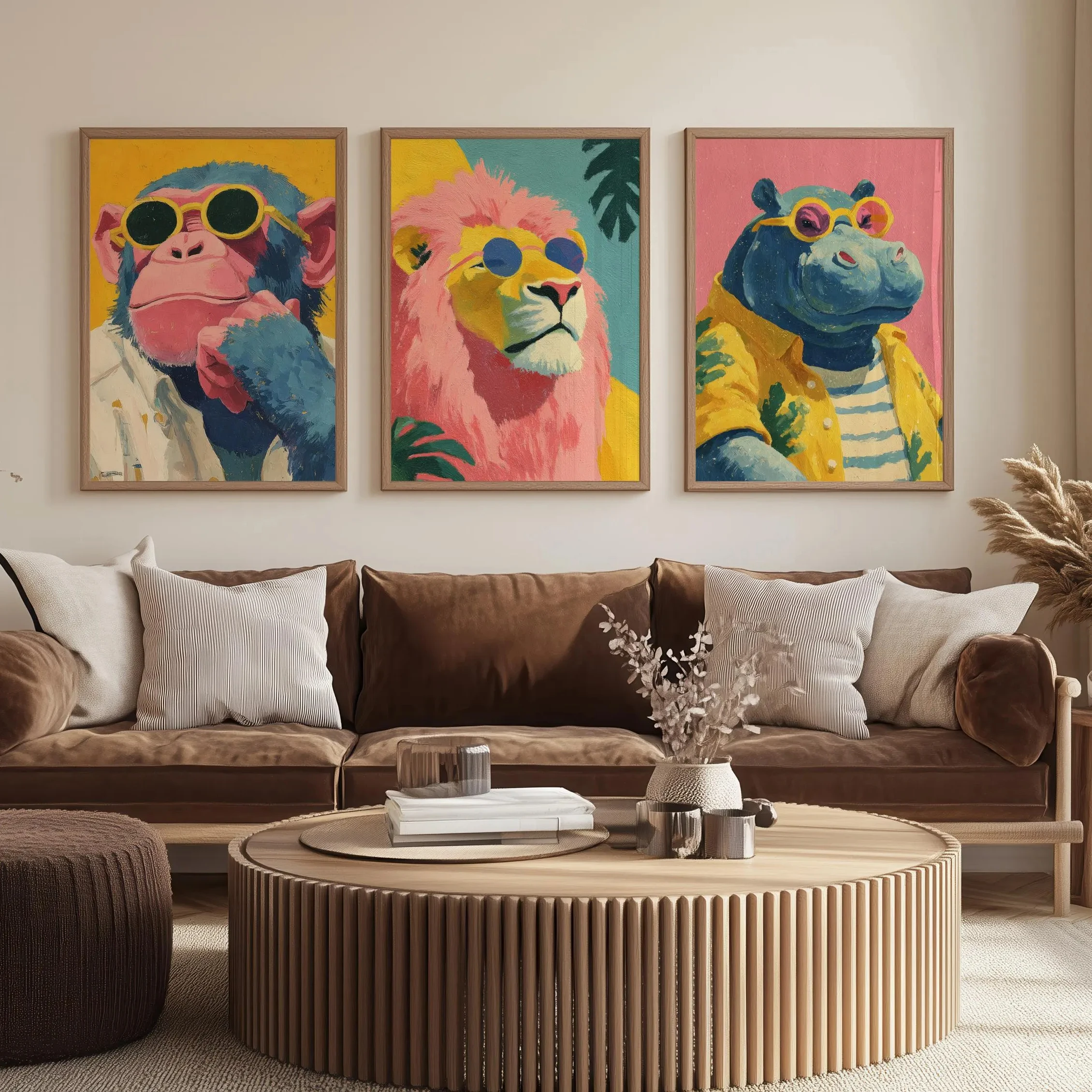 3Pcs Cool Tropical Animal Wall Art, Vibrant Pop Art Chimp Lion Hippo Canvas Prints, Colorful Retro Jungle Kids Room Home Decor