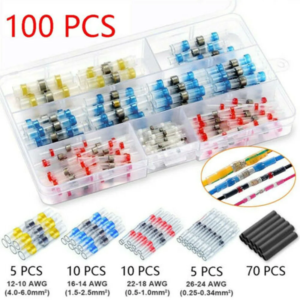 100x Welding Sealed Sleeve Heat Shrinkable Butt Wire Connector Terminal With Box Wire Terminals Crimp Quick Connect Terminal