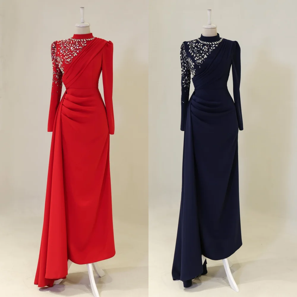 

Customized Jersey Pleat Rhinestone High Collar Midi Dresses Bespoke Occasion Prom Party Elegant Evening Wedding فساتين الحفلات