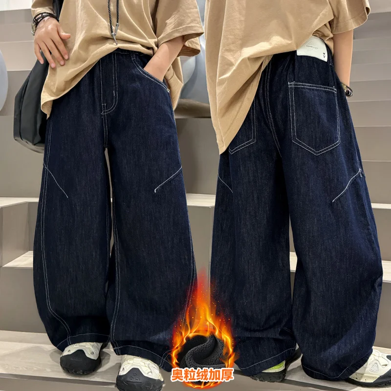 

Autumn Winter Kids Thermal Jeans for Big Boy Child Fashion Vintage Trousers Original Color Denim Teenage Baby Boys Clothes Jeans