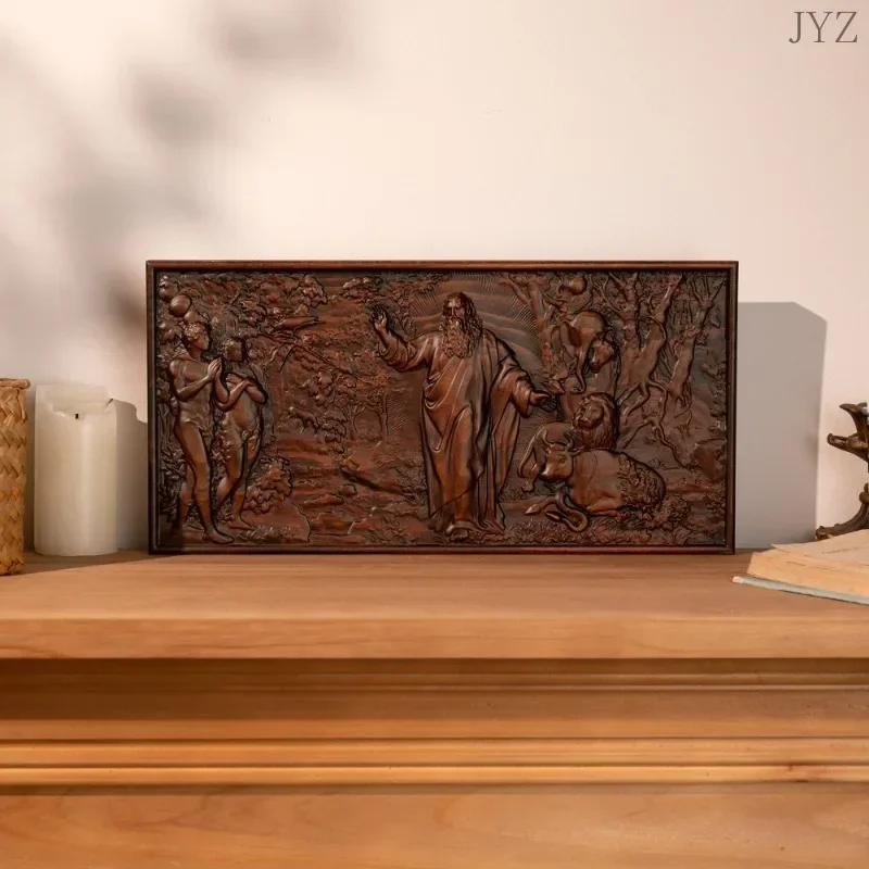 Vintage Religious God Adam and Eve Genesis Ornament Saint Wooden Plaque Jesus Home Living Wall Decor