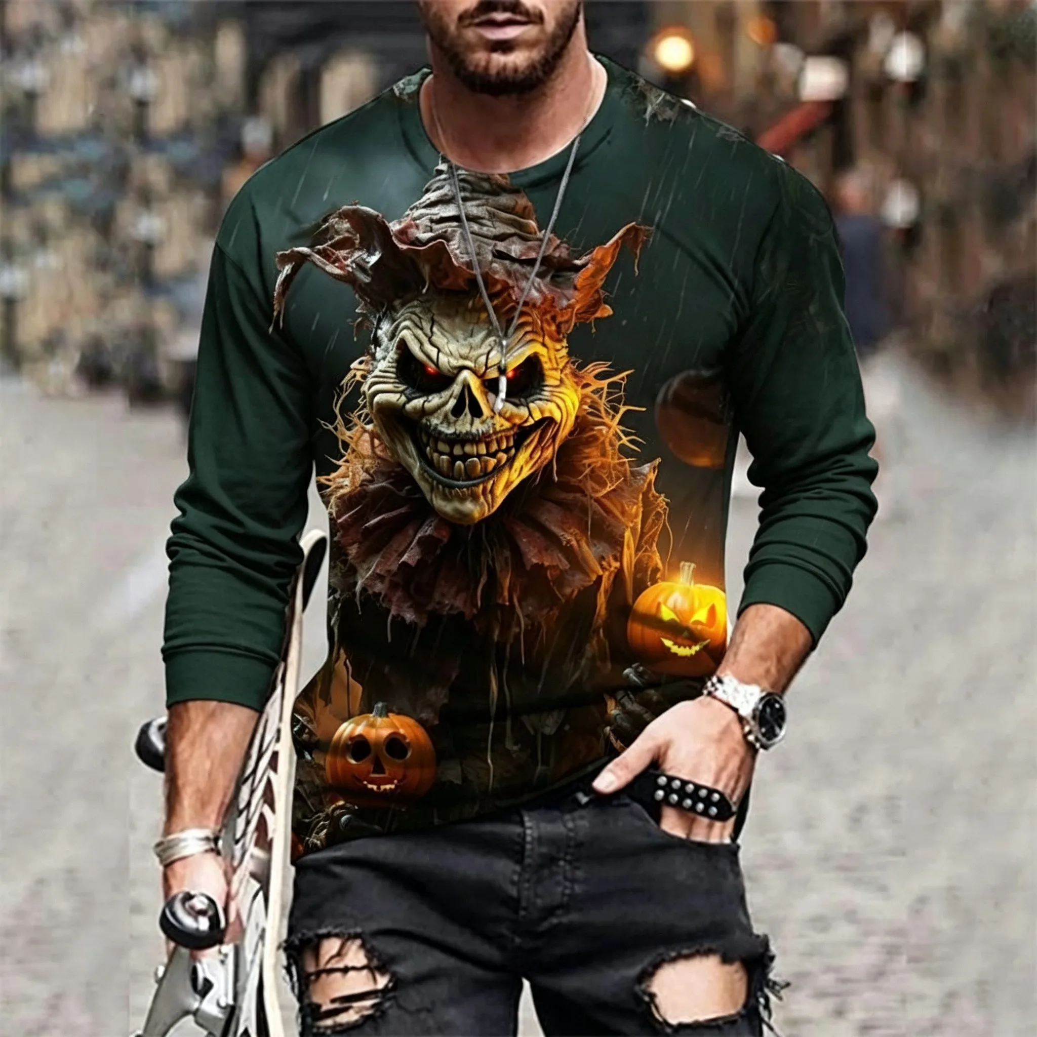 Men's Long Sleeve T-Shirt Grim Reaper Scarecrow Pumpkin Haunted Castle 3D Print Halloween Crew Neck Casual Tops