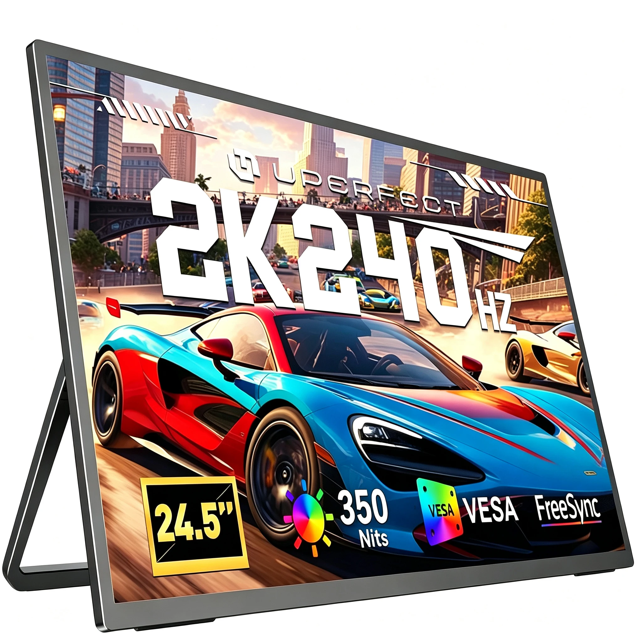 UPERFECT 2K 240Hz Tragbarer Monitor 24,5 Zoll QHD 2560×1440 Gaming-Display 1 ms FreeSync HDR IPS Großer Zweitbildschirm für Laptop, MacBook, PC, Surface, PS5, Xbox – mit Standfuß & VESA-Halterung